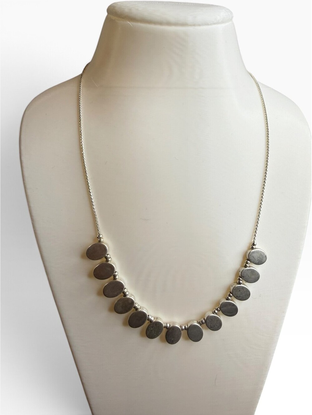 Plunder Design Silver Tone Oval Disc Fringe Necklace Adjustable Signed
